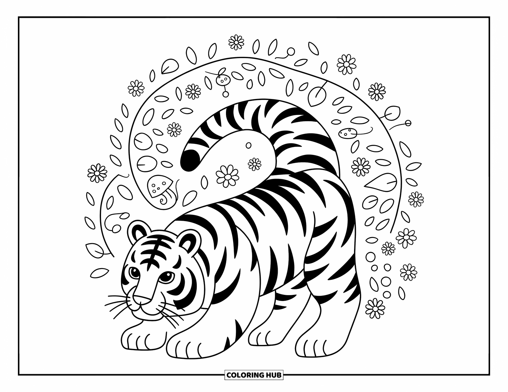 Animal Mandala Coloring Page for Adults: Tiger crouched with leafy mandala stripes and playful jungle doodles