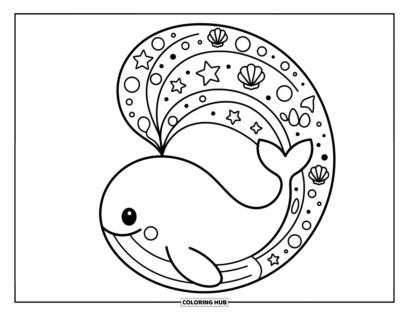 Animal Mandala Coloring Page for Adults: Top-view whale with a mandala body made of waves, shells, and bubbles