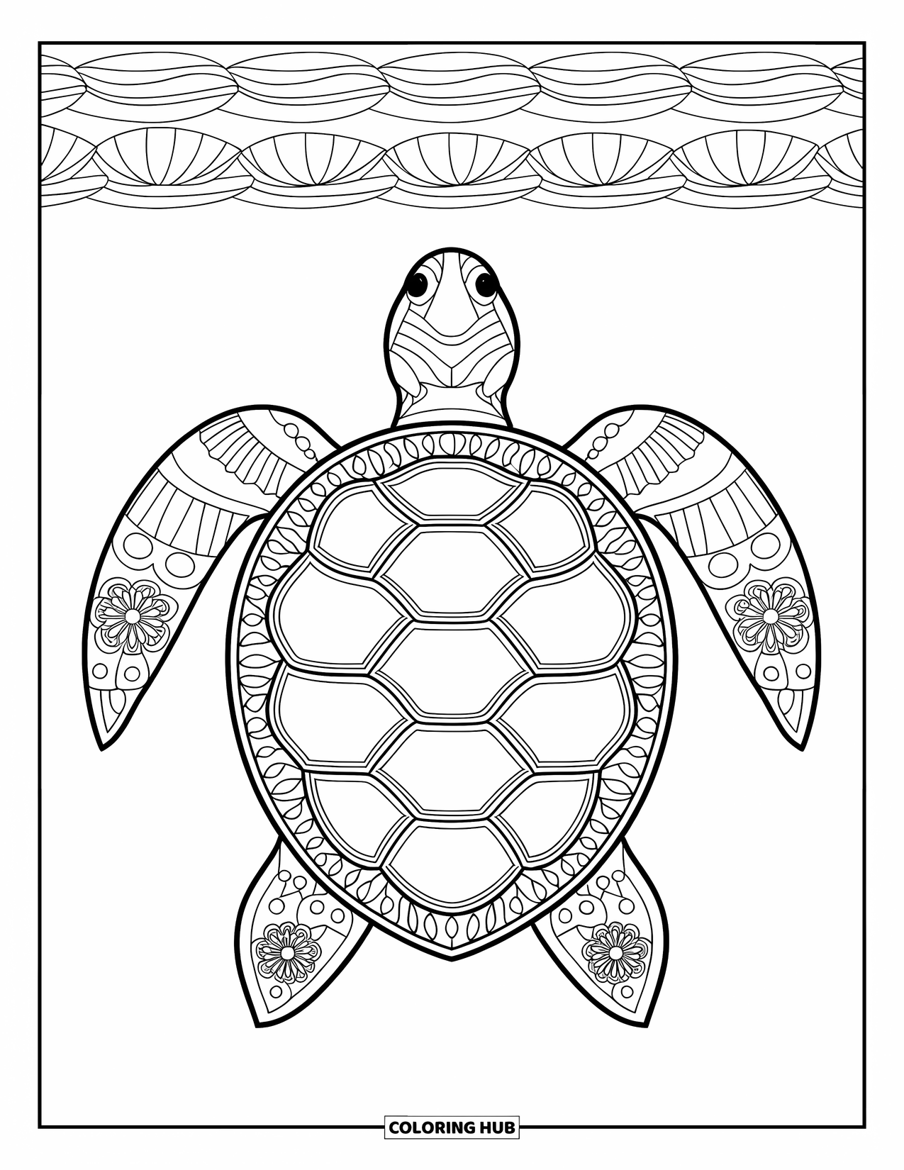 Animal Mandala Coloring Page for Adults: Turtle with ocean mandala details and calm wave background