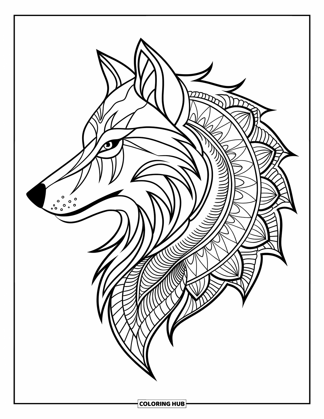 Animal Mandala Coloring Page for Adults: Wolf head with mandala mane made of geometric shapes