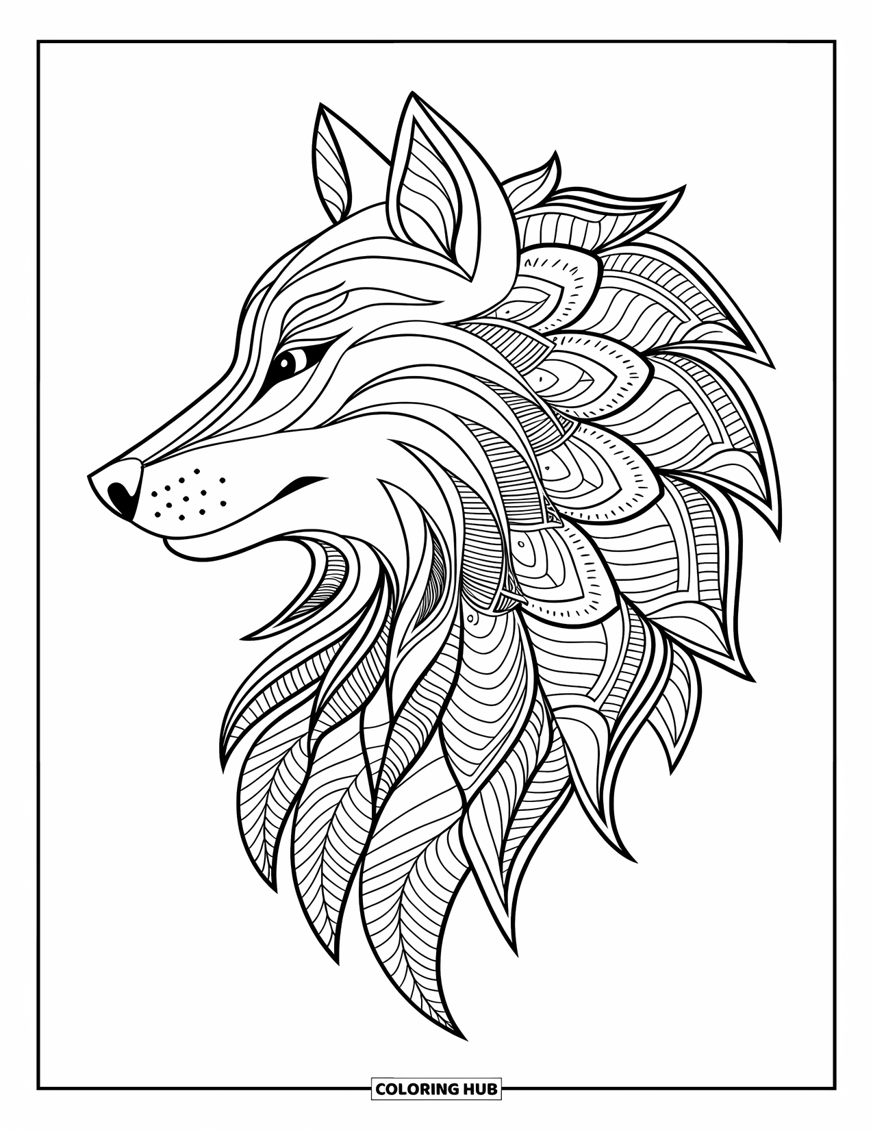 Animal Mandala Coloring Page for Adults: Wolf in profile with flowing mandala mane and bold patterns