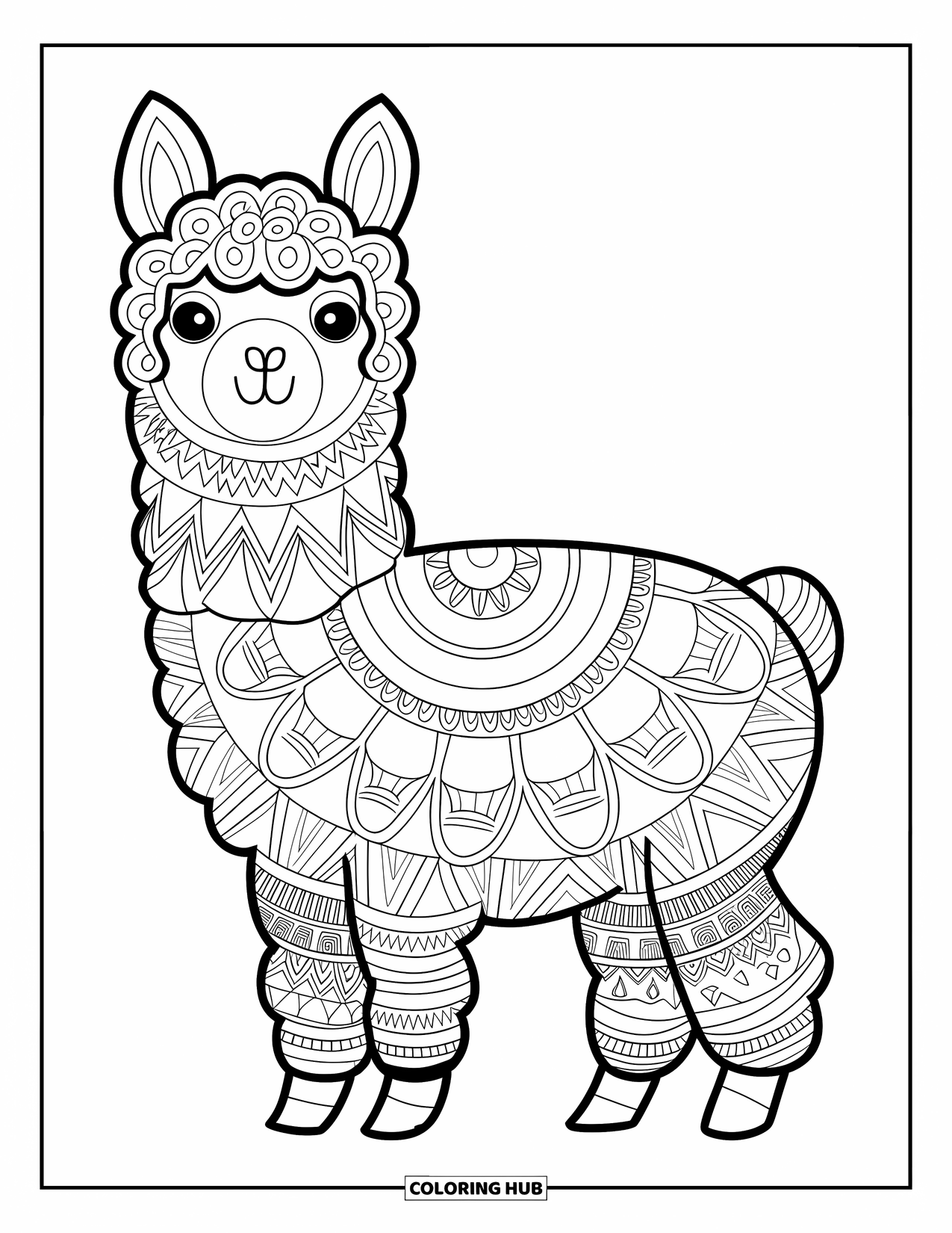 Animal Mandala Coloring Page for Kids: Alpaca with a body covered in zigzag and loop mandala patterns