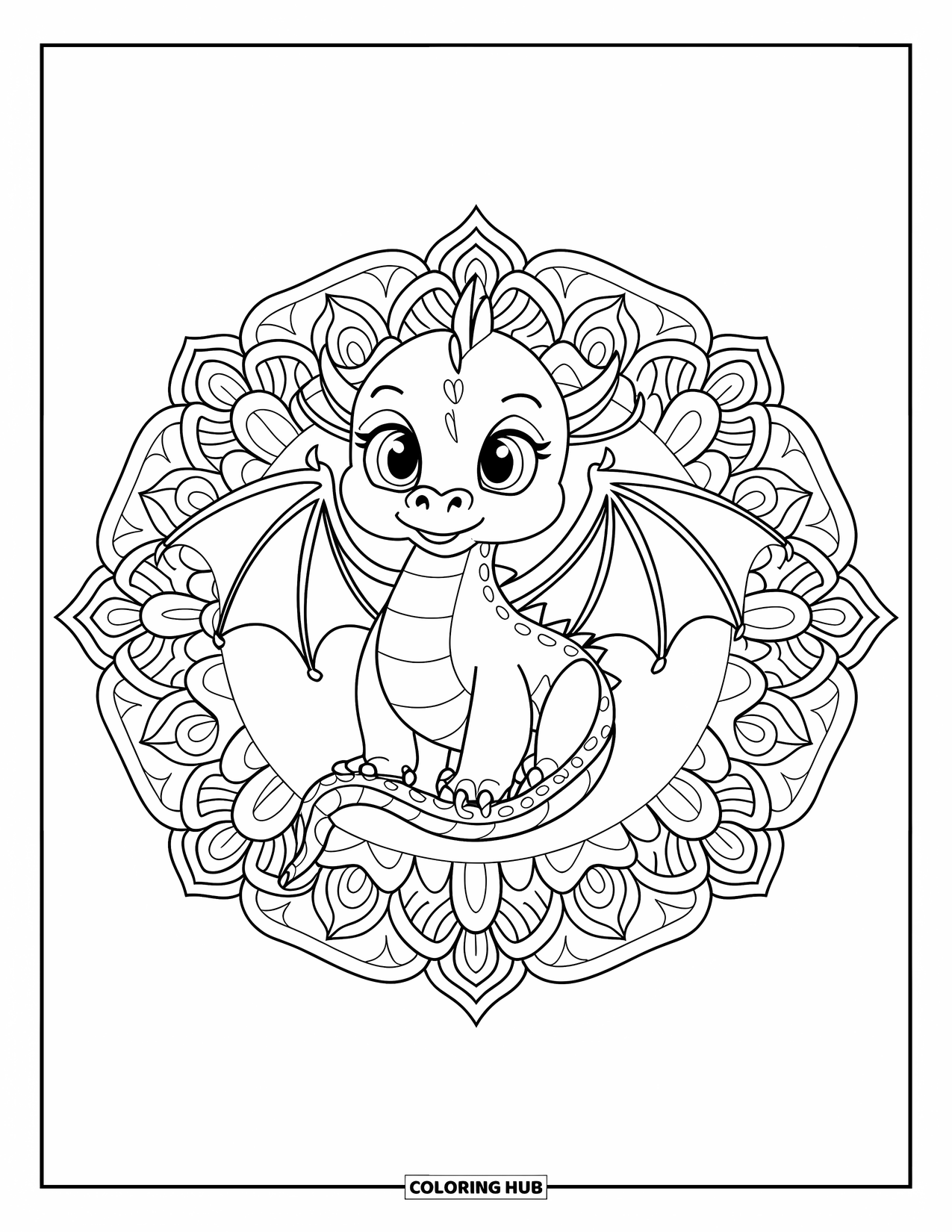 Animal Mandala Coloring Page for Kids: Baby dragon with curled tail and winged mandala details
