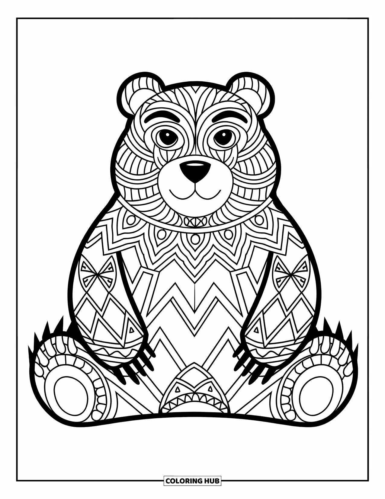 Animal Mandala Coloring Page for Kids: Bear with arms on belly covered in mountain-leaf mandala patterns