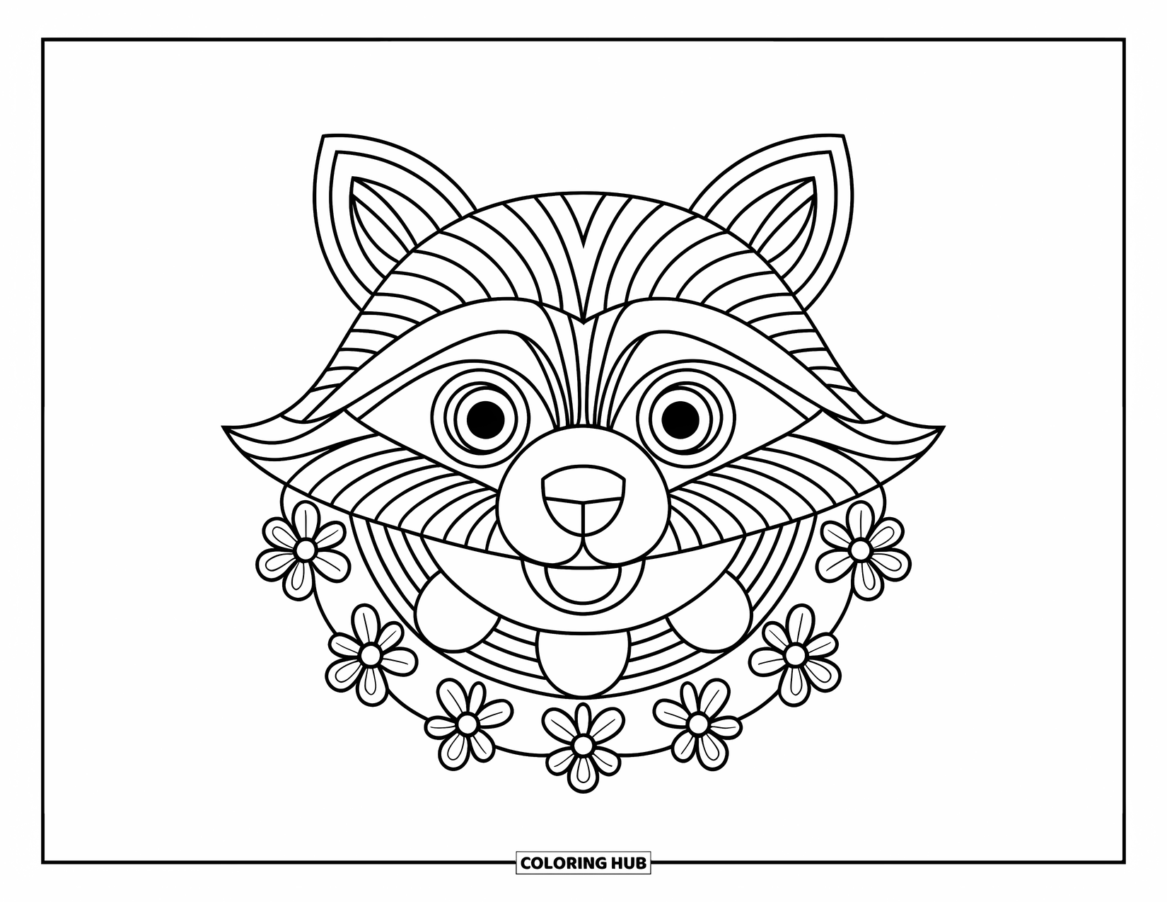 Animal Mandala Coloring Page for Kids: Bold raccoon face with striped mandalas, perfect for young artists