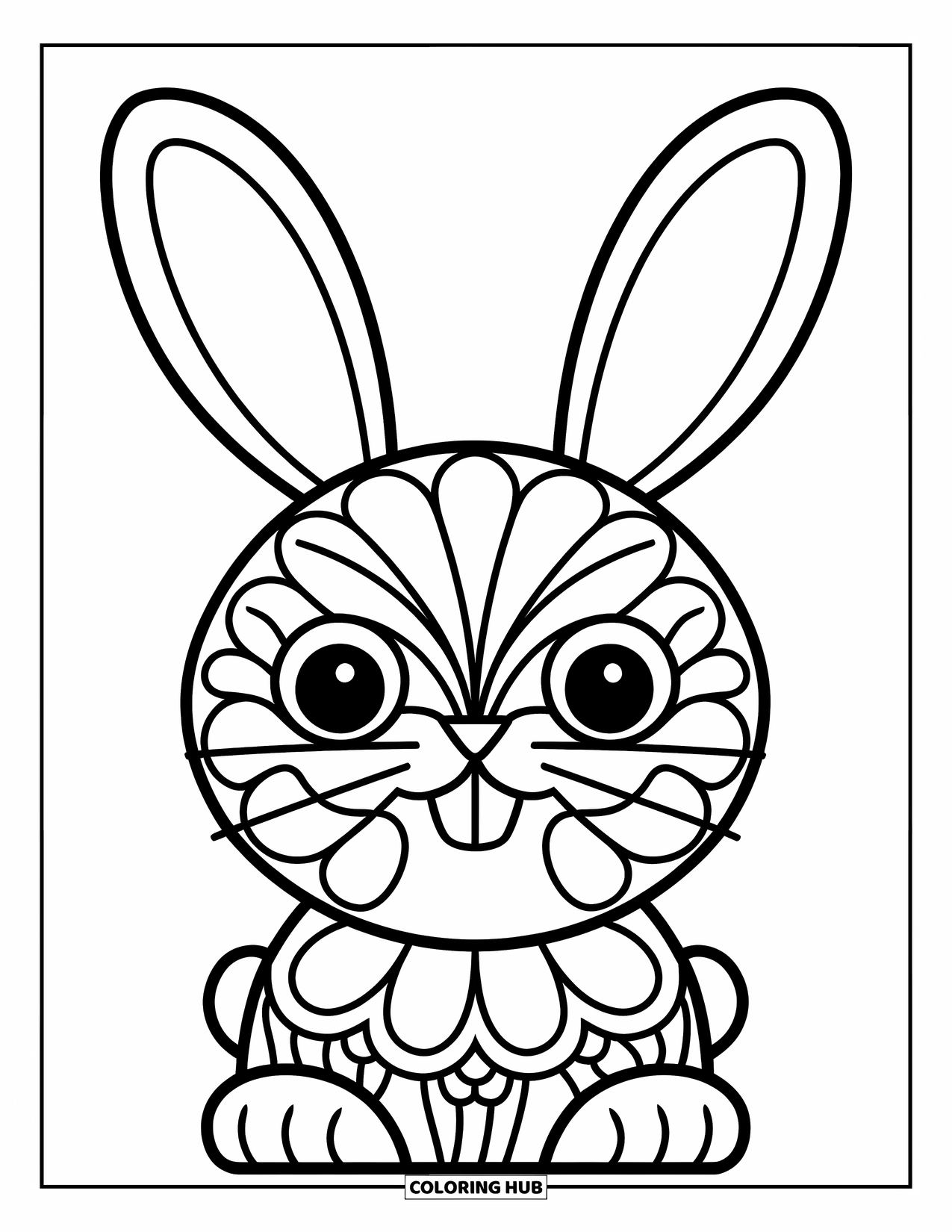 Animal Mandala Coloring Page for Kids: Bunny with big ears outlined in soft symmetrical mandala lines