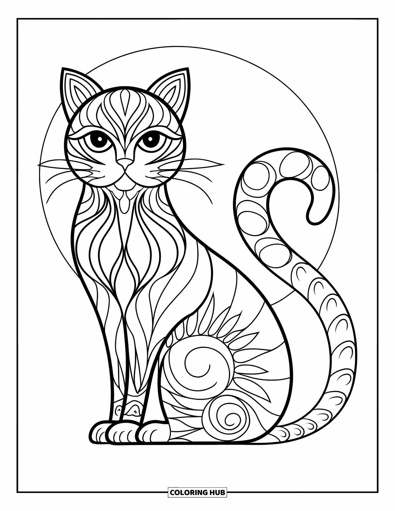 Animal Mandala Coloring Page for Kids: Cat with curled tail and layered petal mandalas in a simple circle