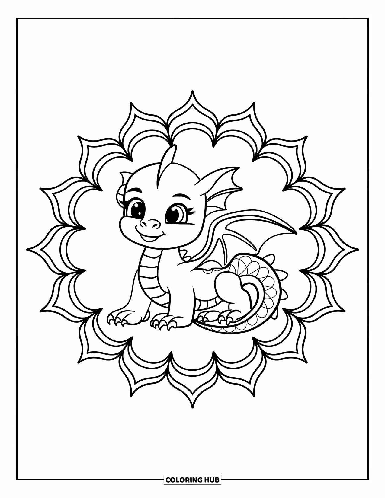 Animal Mandala Coloring Page for Kids: Centered baby dragon with spiral tail and crisp mandala outlines