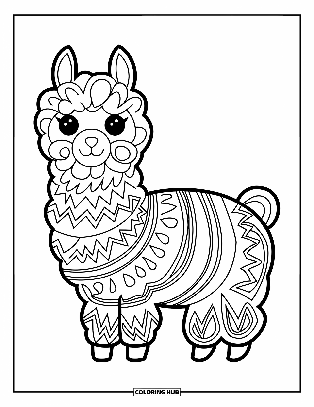 Animal Mandala Coloring Page for Kids: Cheerful alpaca filled with zigzag mandalas and fun, age-friendly designs