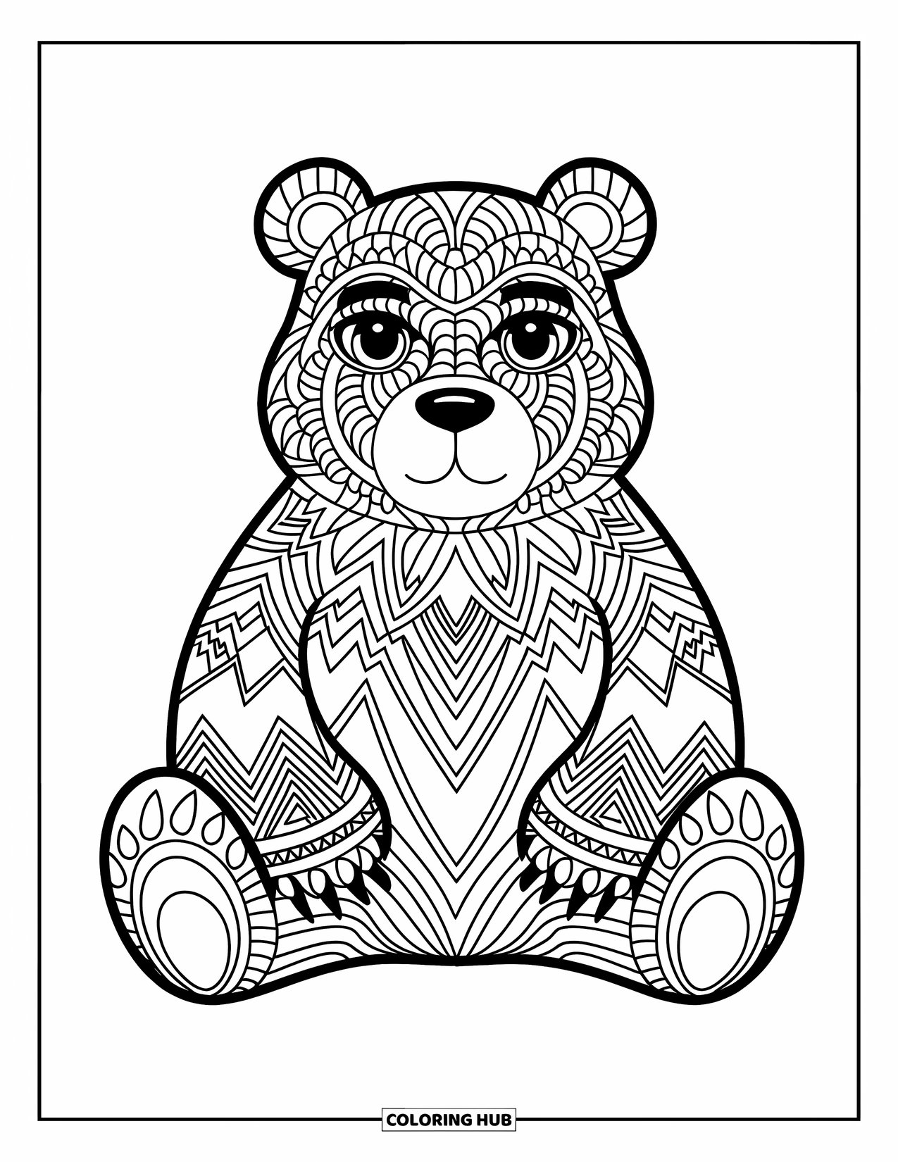Animal Mandala Coloring Page for Kids: Chunky bear sitting with mountain and leaf-shaped mandala fur