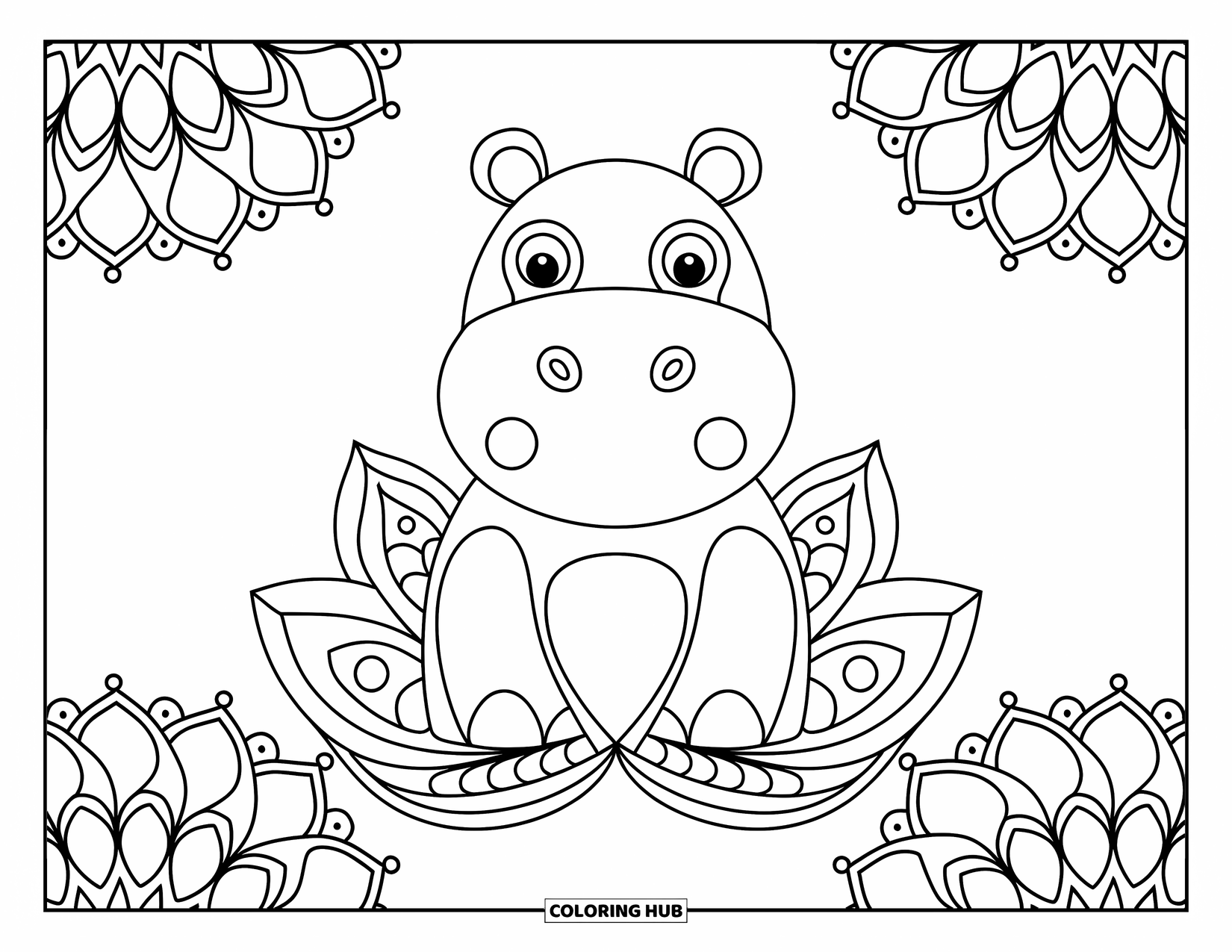 Animal Mandala Coloring Page for Kids: Chunky hippo on a lotus with a backdrop of mandala swirls