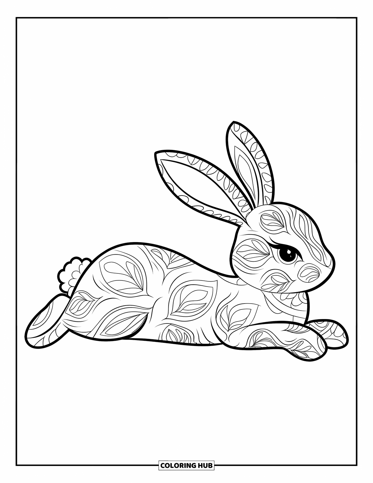 Animal Mandala Coloring Page for Kids: Cozy bunny resting in soft leaf mandalas and graceful swirls