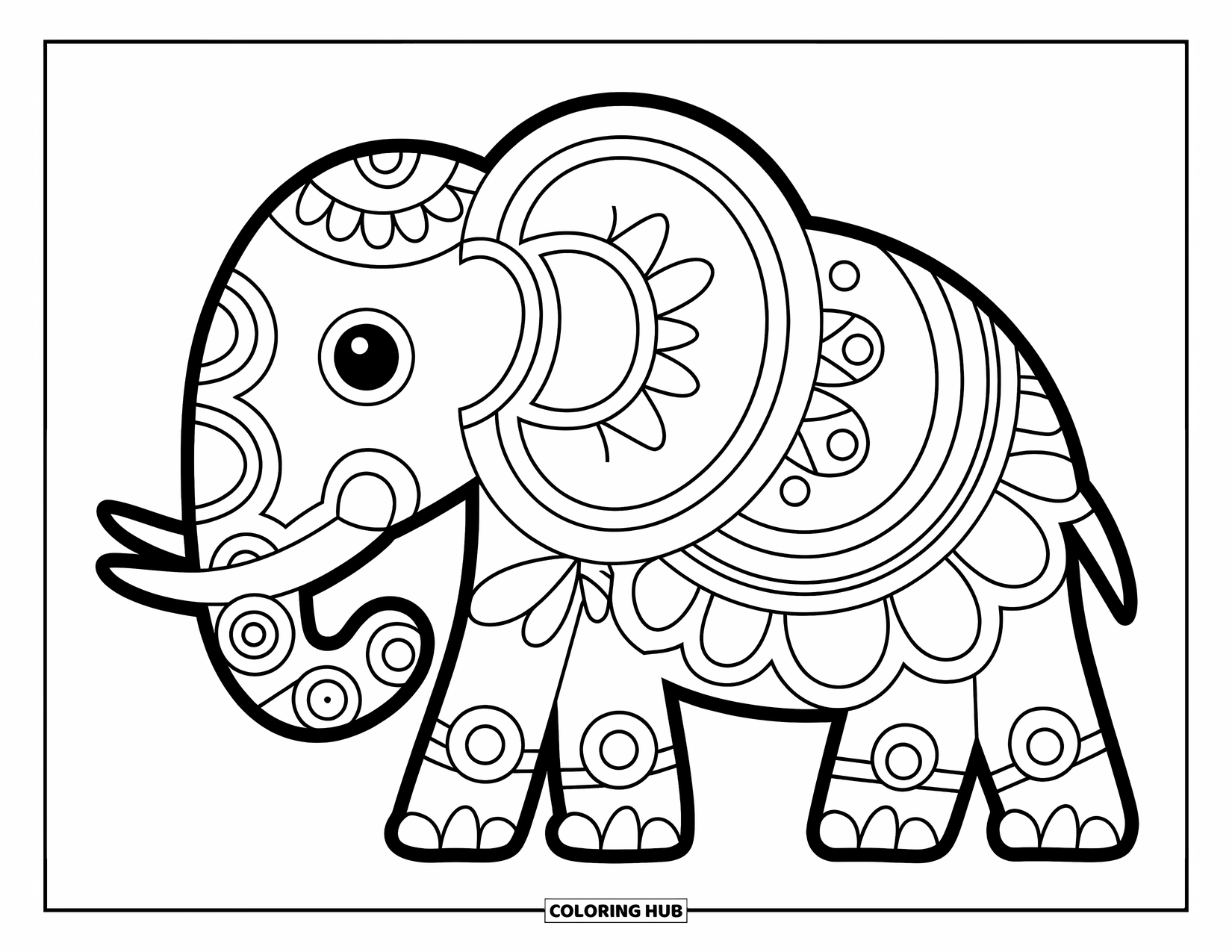 Animal Mandala Coloring Page for Kids: Cute elephant made of circles and ovals with big, friendly features