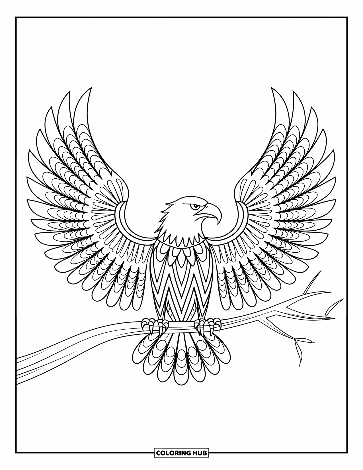 Animal Mandala Coloring Page for Kids: Eagle perched on a branch with mandala feather wings spread wide