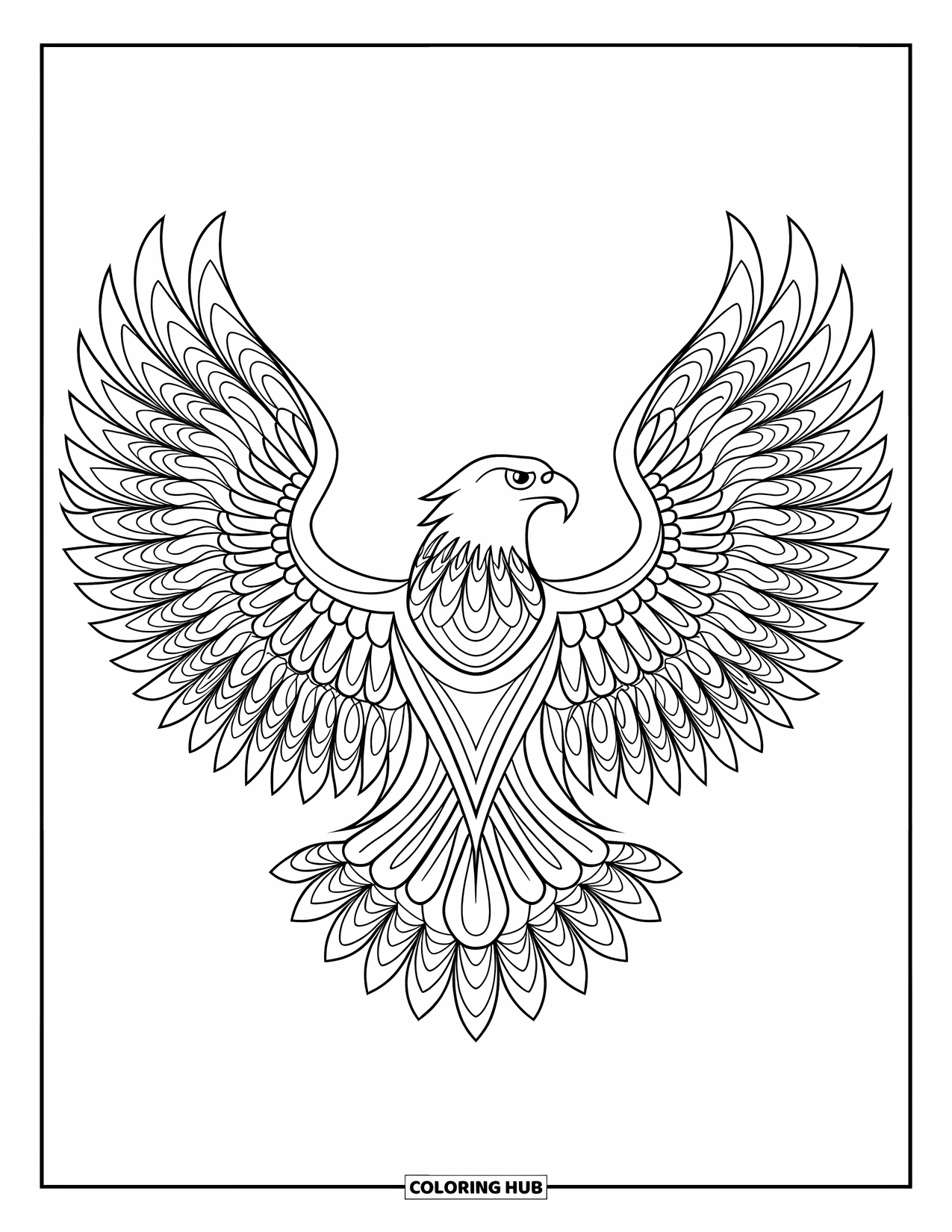 Animal Mandala Coloring Page for Kids: Eagle with mandala wings in a bold, modern pose