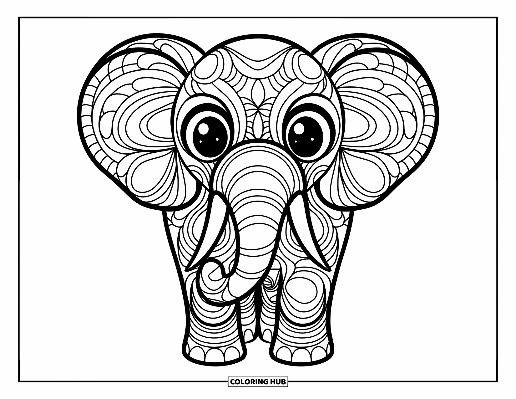 Animal Mandala Coloring Page for Kids: Elephant with large eyes and round mandala patterns in a simple design