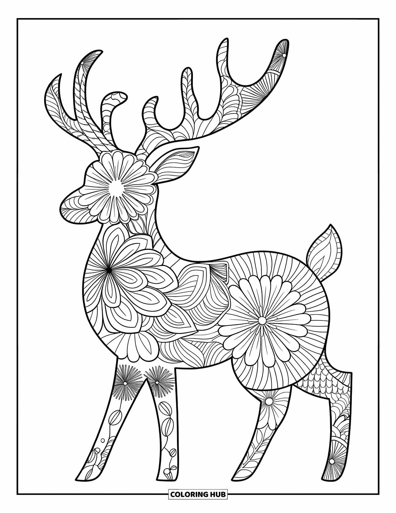 Animal Mandala Coloring Page for Kids: Floral-patterned deer with soft mandala segments and a clean outline