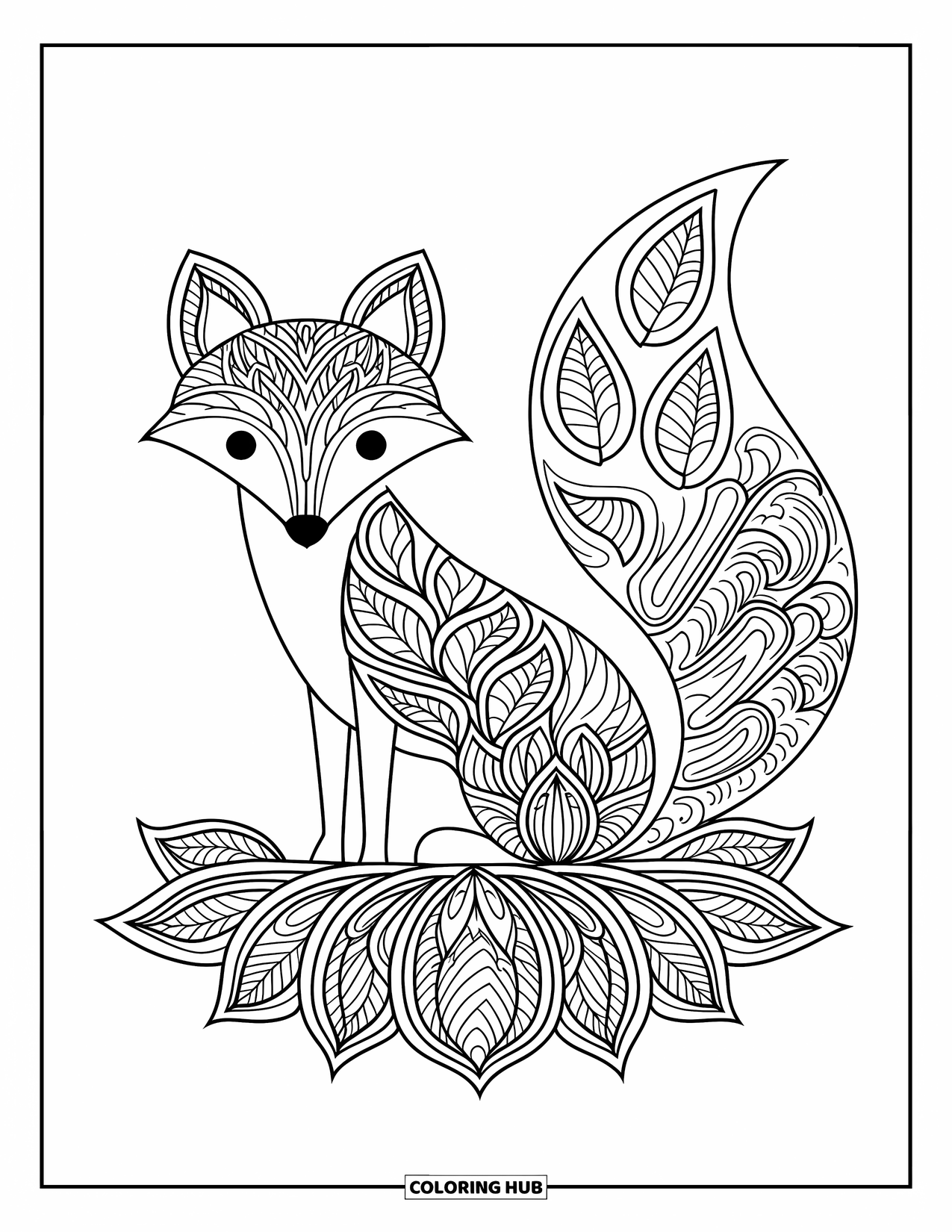 Animal Mandala Coloring Page for Kids: Fox sitting on a lotus flower with a mandala tail design