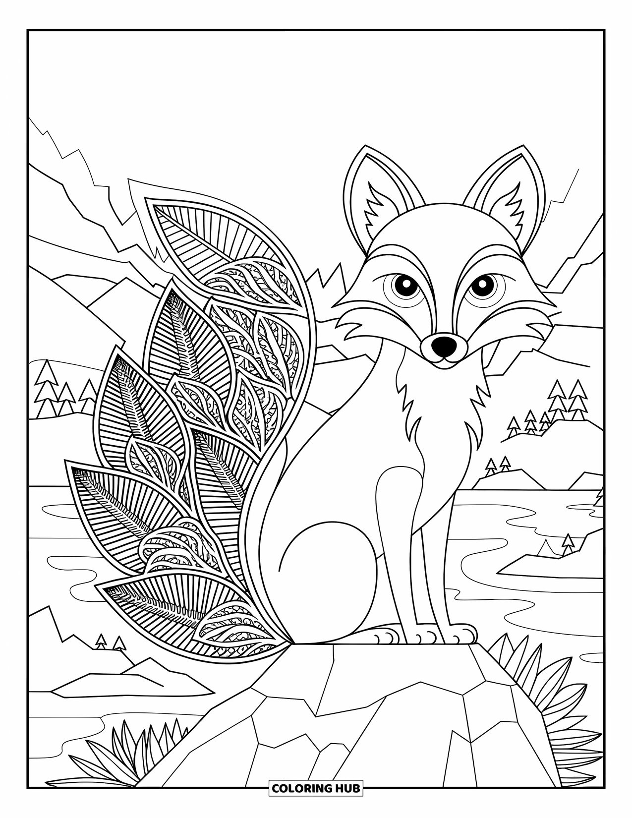 Animal Mandala Coloring Page for Kids: Fox with a mandala leaf-patterned tail, sitting on a scenic rock
