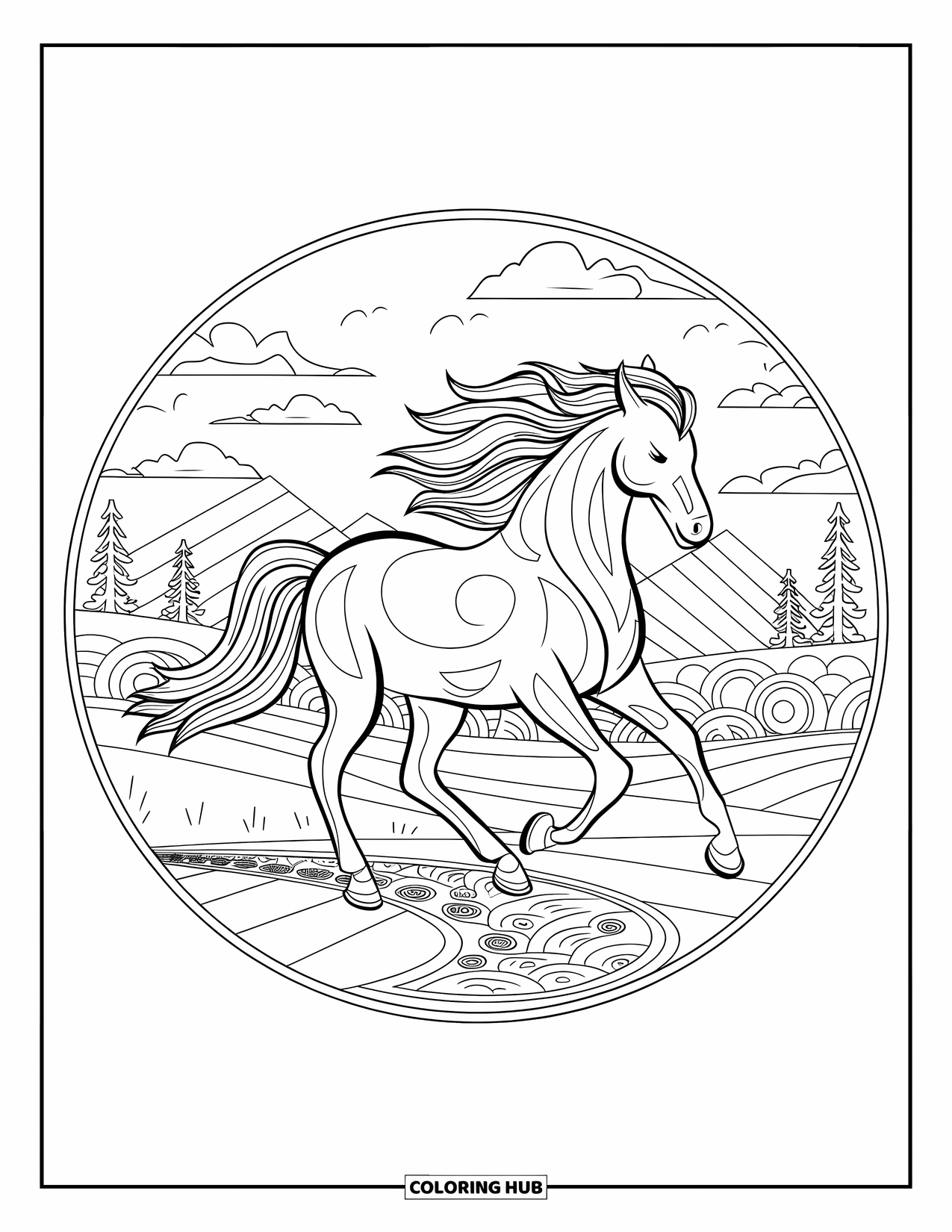 Animal Mandala Coloring Page for Kids: Galloping horse with mandala mane and a breezy mountain landscape