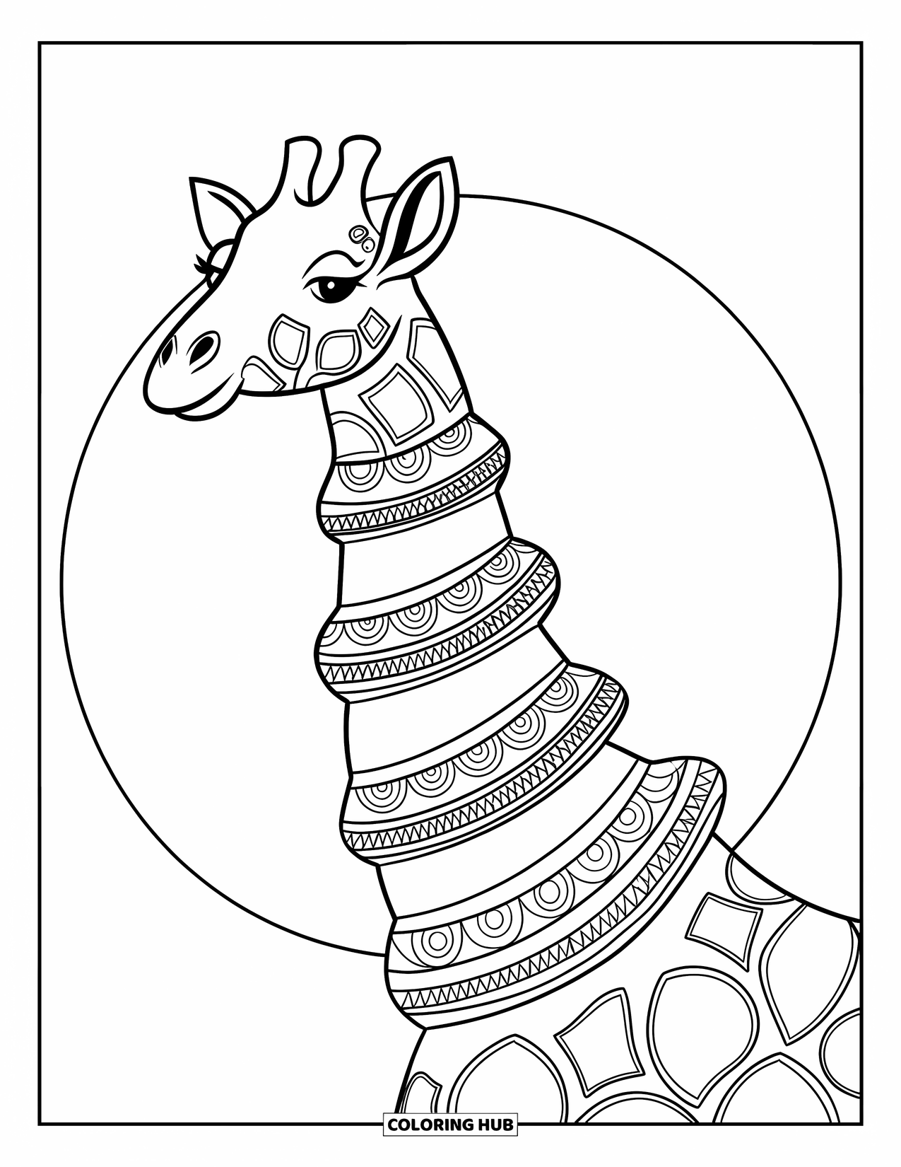 Animal Mandala Coloring Page for Kids: Giraffe head tilted high with circular patterns and no visible body