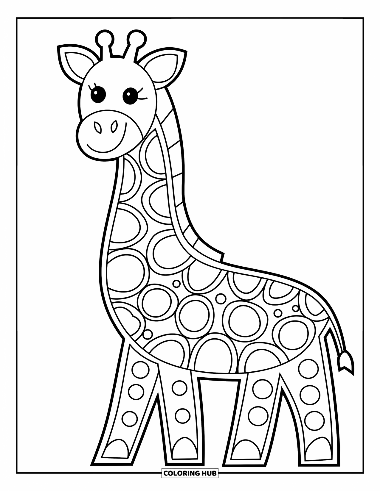 Animal Mandala Coloring Page for Kids: Giraffe with long neck made of stacked circular mandala shapes