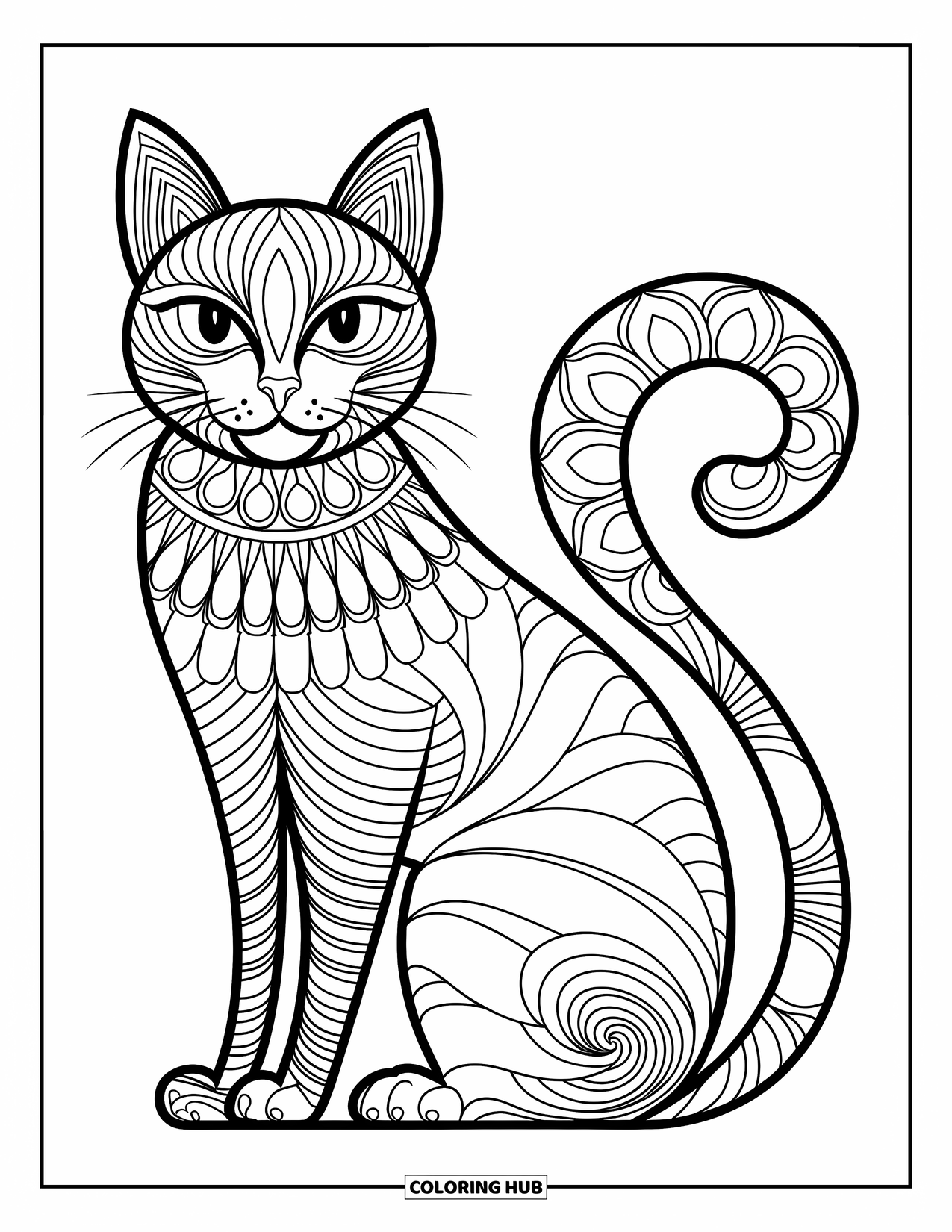 Animal Mandala Coloring Page for Kids: Graceful cat sitting upright with spiral and petal-shaped mandala designs