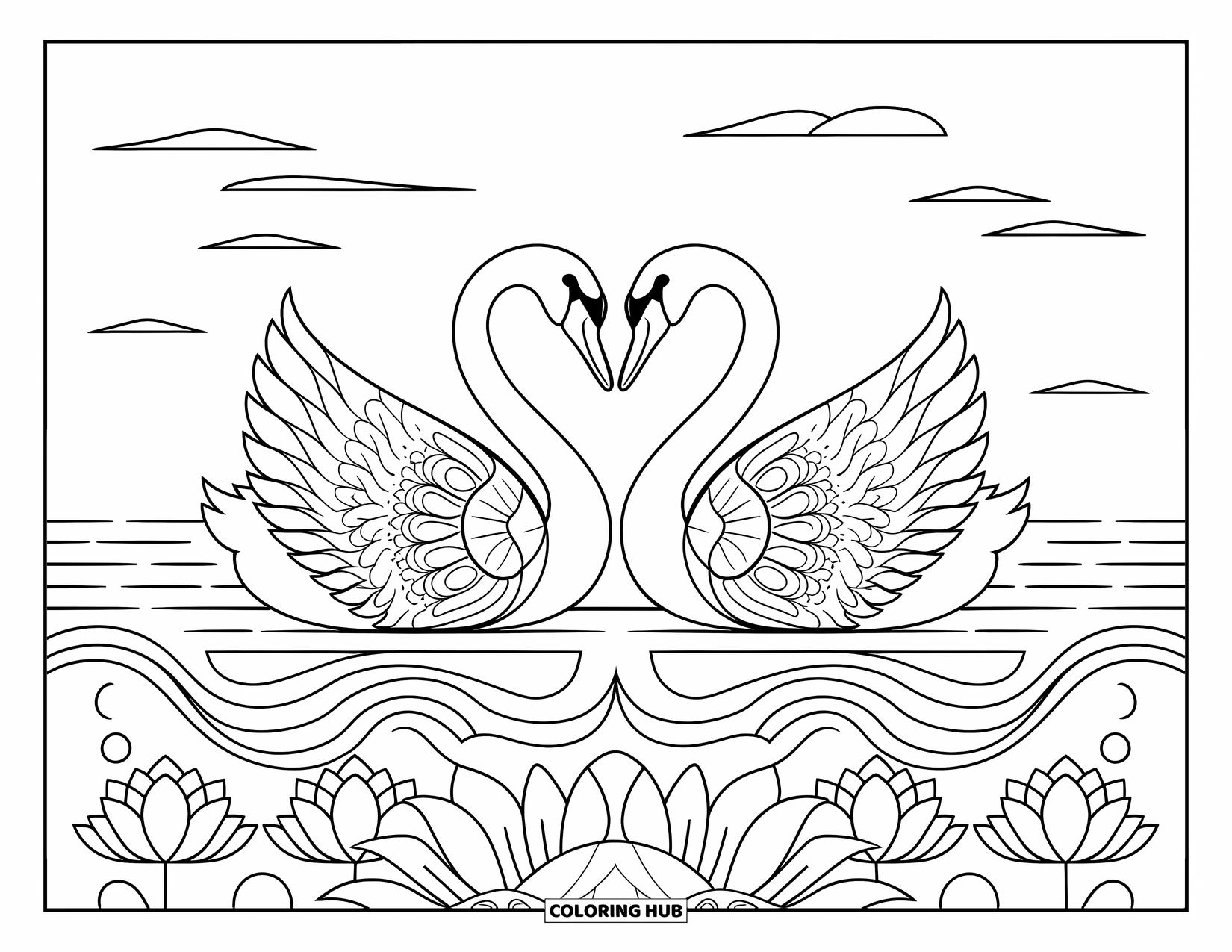 Animal Mandala Coloring Page for Kids: Graceful swans in water with lotus flowers and a peaceful sky