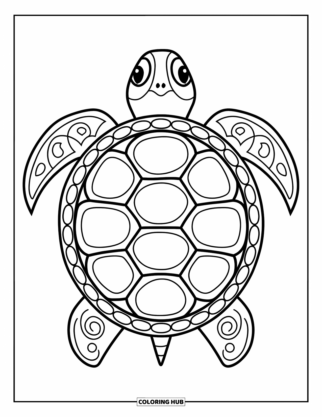 Animal Mandala Coloring Page for Kids: Happy turtle with bold shell designs and clean background