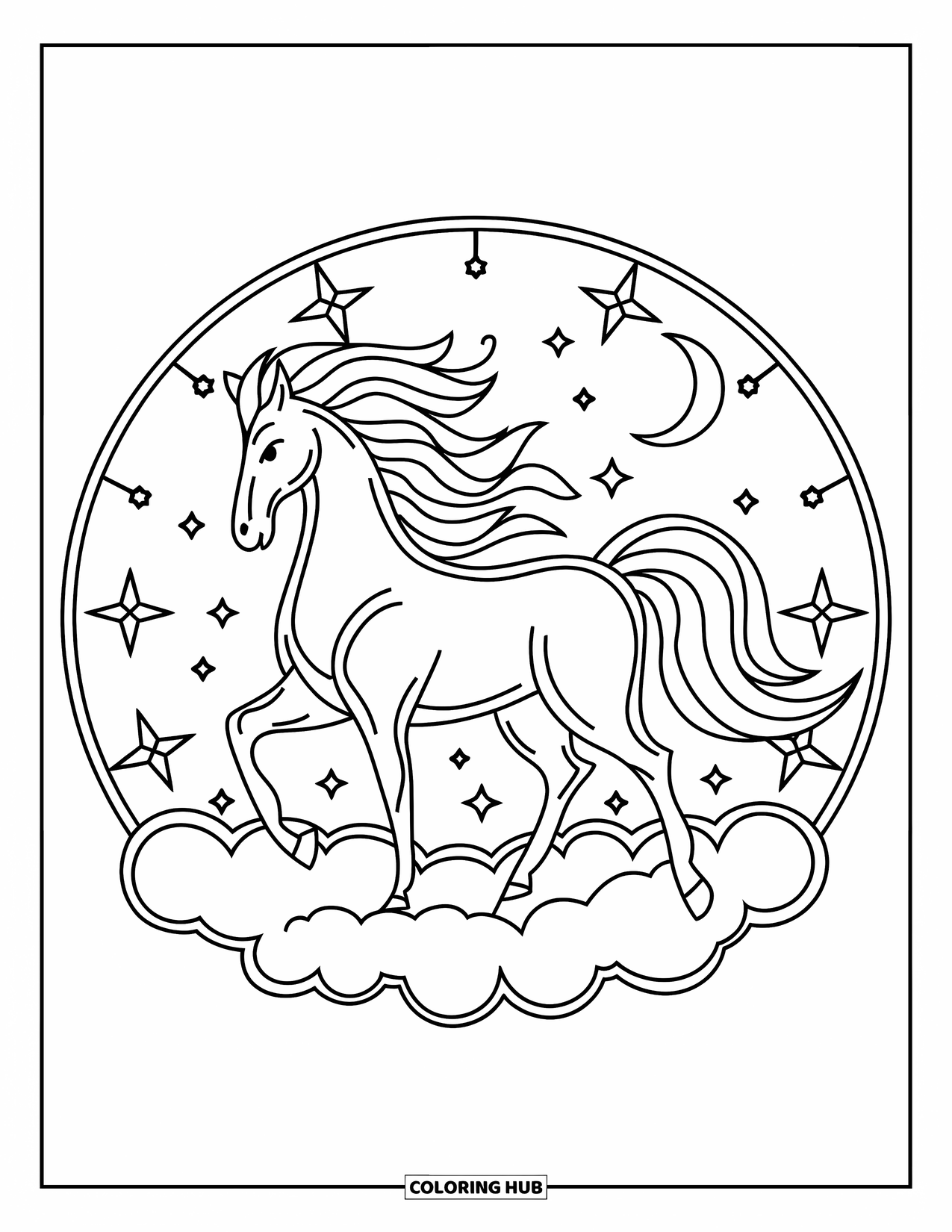 Animal Mandala Coloring Page for Kids: Horse on a cloud with a moon and stars in a dreamy sky