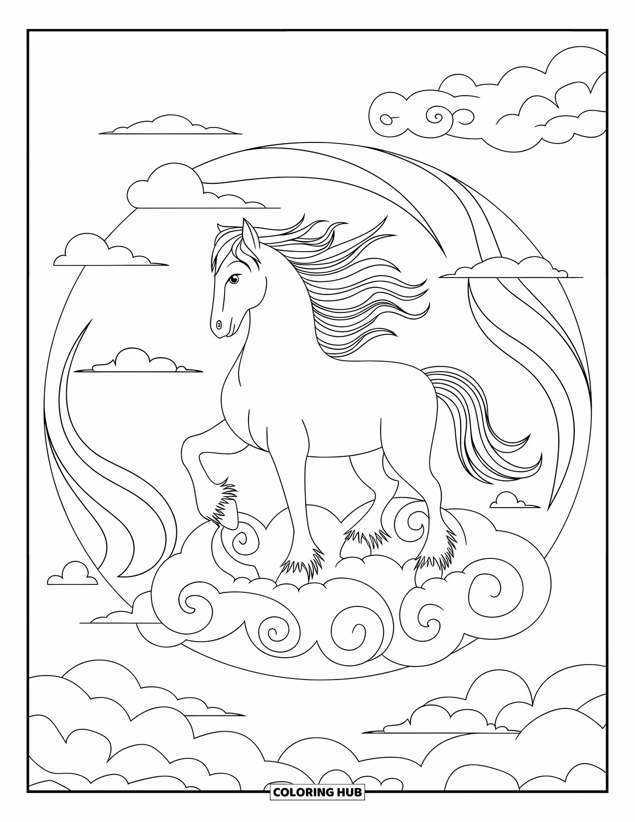 Animal Mandala Coloring Page for Kids: Horse with wind-blown mane standing on a cloud in the sky