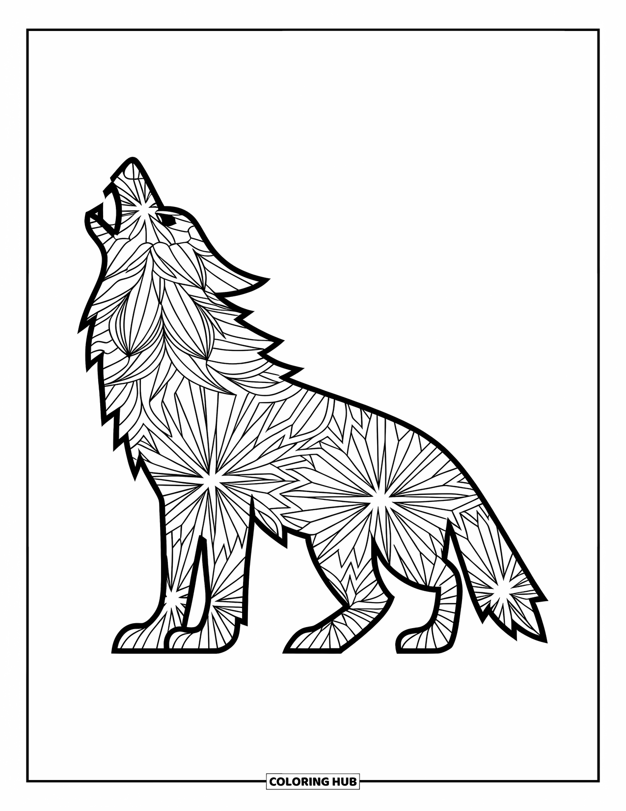Animal Mandala Coloring Page for Kids: Howling wolf filled with starburst mandalas in a bold, expressive pose