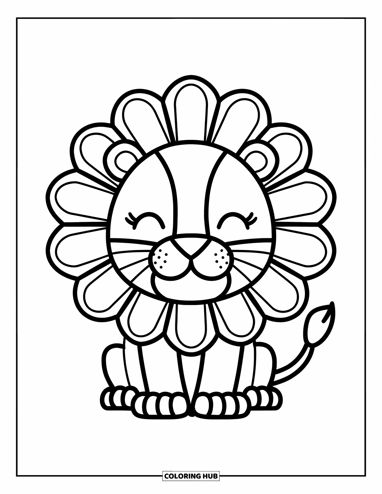 Animal Mandala Coloring Page for Kids: Lion in meditation pose with a simple, smiley mandala design