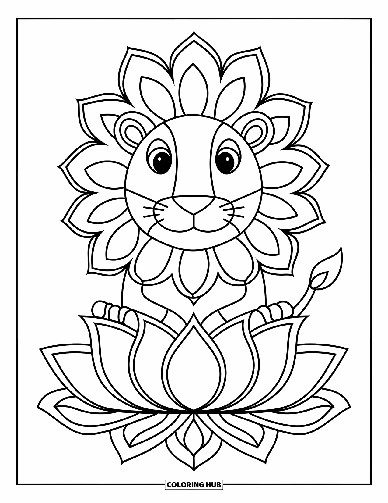 Animal Mandala Coloring Page for Kids: Lion sitting on a lotus flower with a cheerful expression