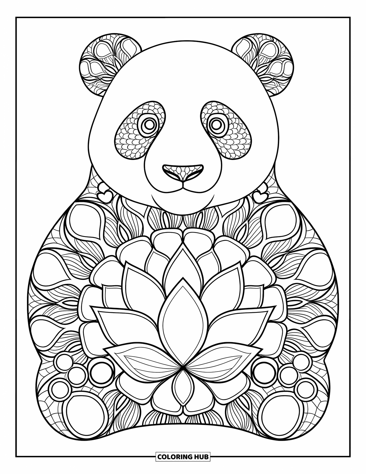 Animal Mandala Coloring Page for Kids: Lotus petal panda with added detail on paws and ears
