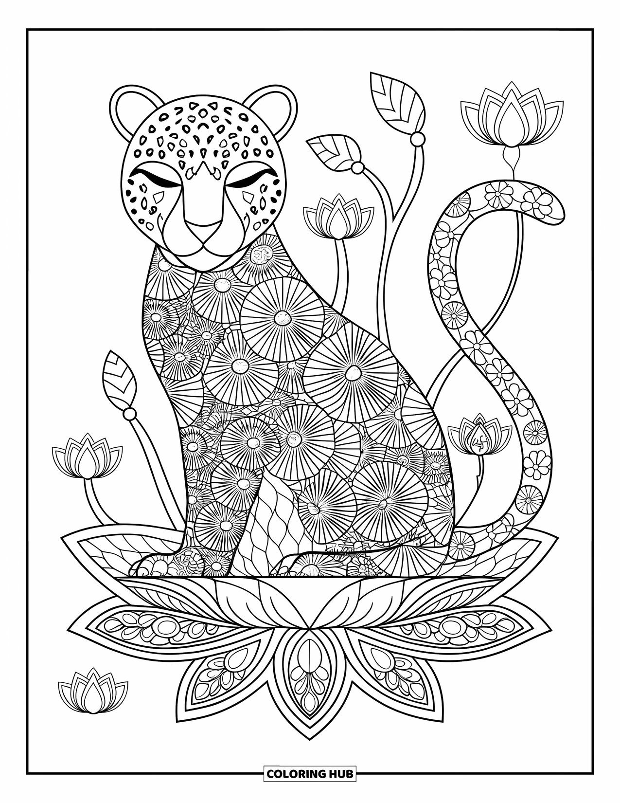 Animal Mandala Coloring Page for Kids: Lotus-sitting leopard with mandala spots and flowers around