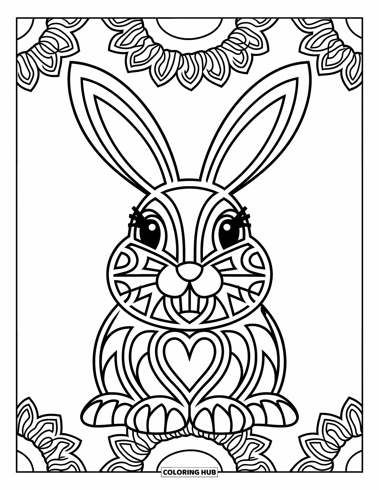 Animal Mandala Coloring Page for Kids: Mandala bunny with tall ears and smaller patterns in the background