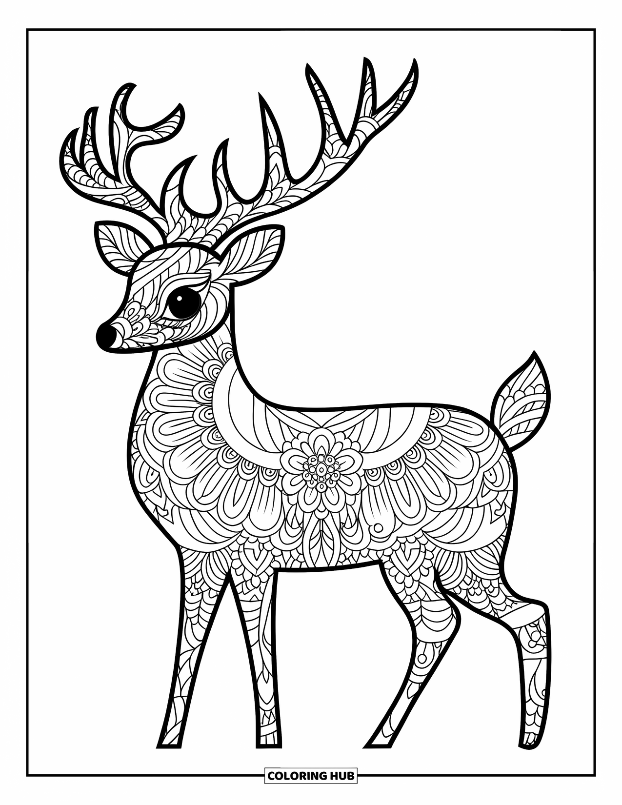 Animal Mandala Coloring Page for Kids: Mandala deer with gentle floral layers and a fun, simple look