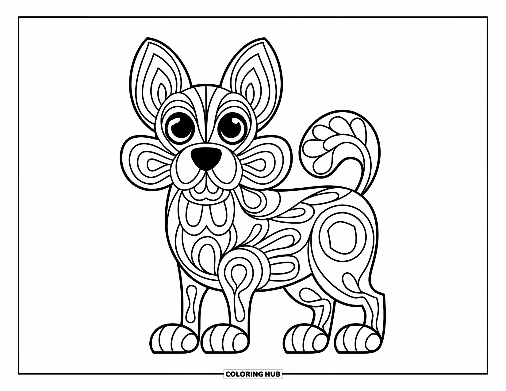 Animal Mandala Coloring Page for Kids: Mandala dog standing on all fours with loops and circular patterns