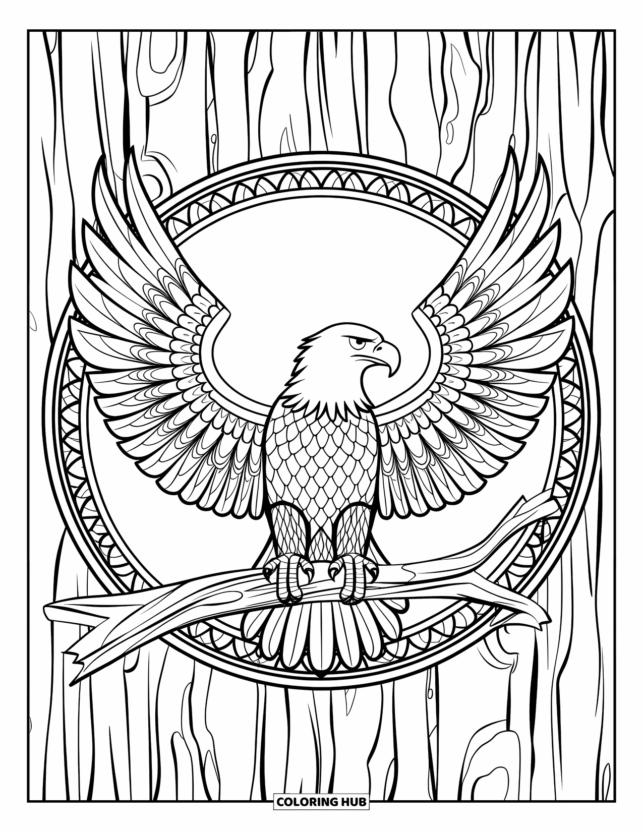 Animal Mandala Coloring Page for Kids: Mandala eagle with intricate feathers and a bark-textured background