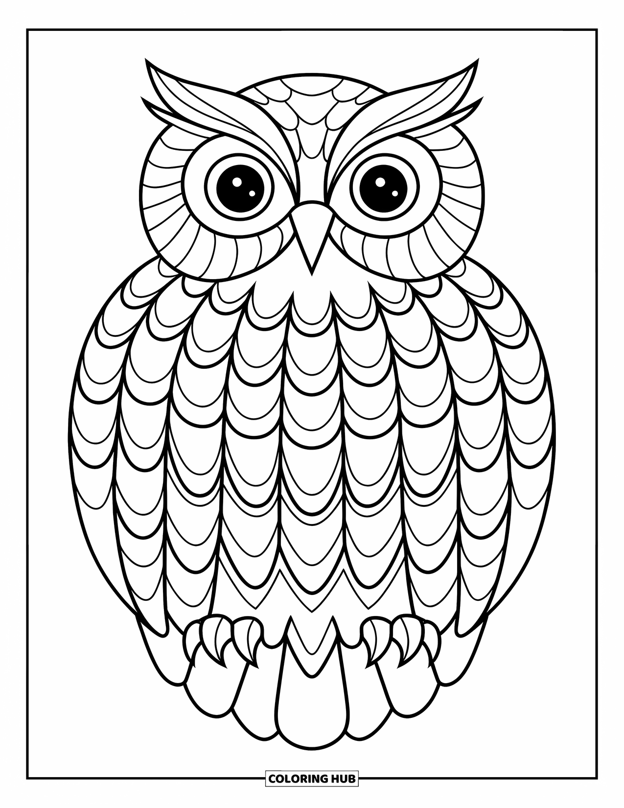 Animal Mandala Coloring Page for Kids: Mandala owl with layered feathers, fun and simple to color