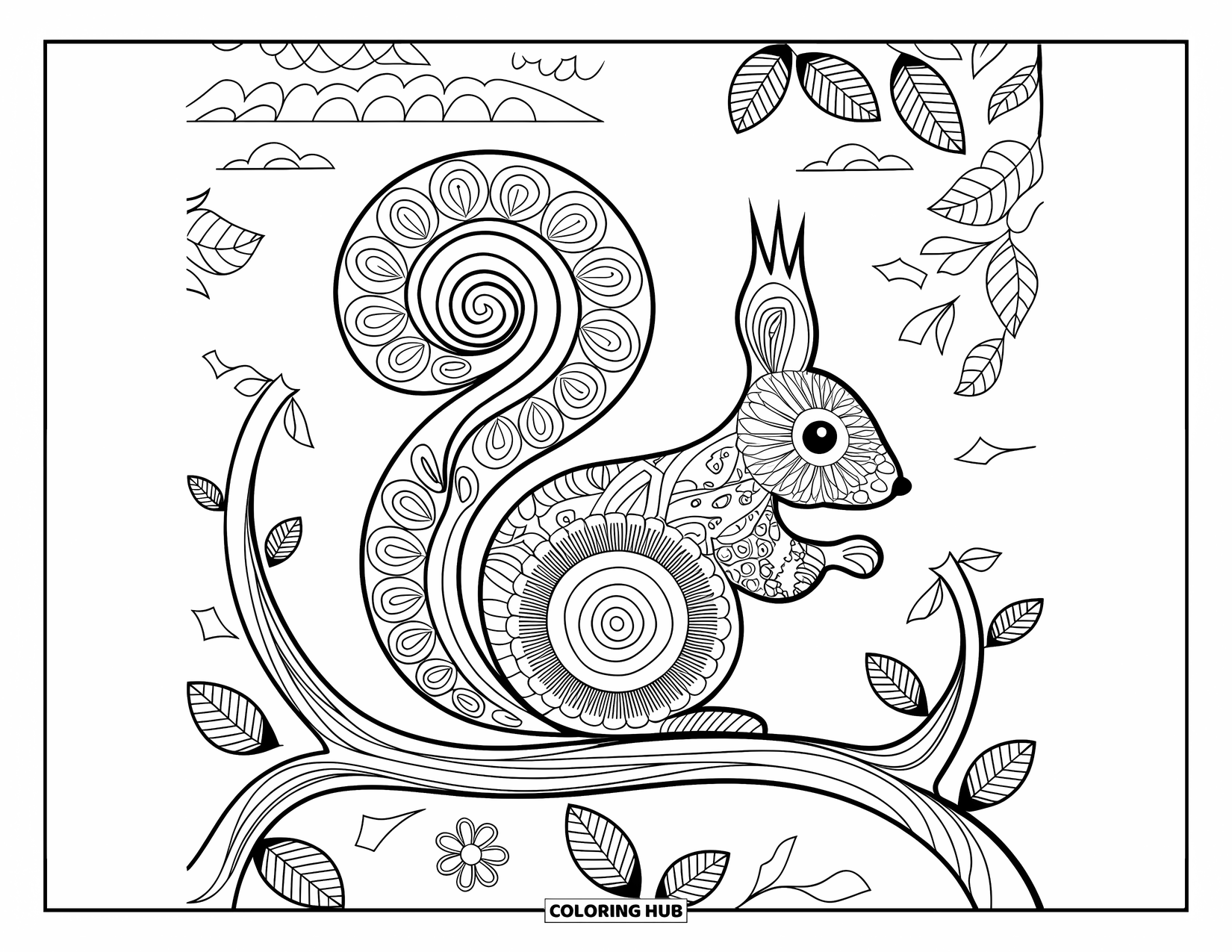 Animal Mandala Coloring Page for Kids: Mandala squirrel on a branch with leaves and a mountain view