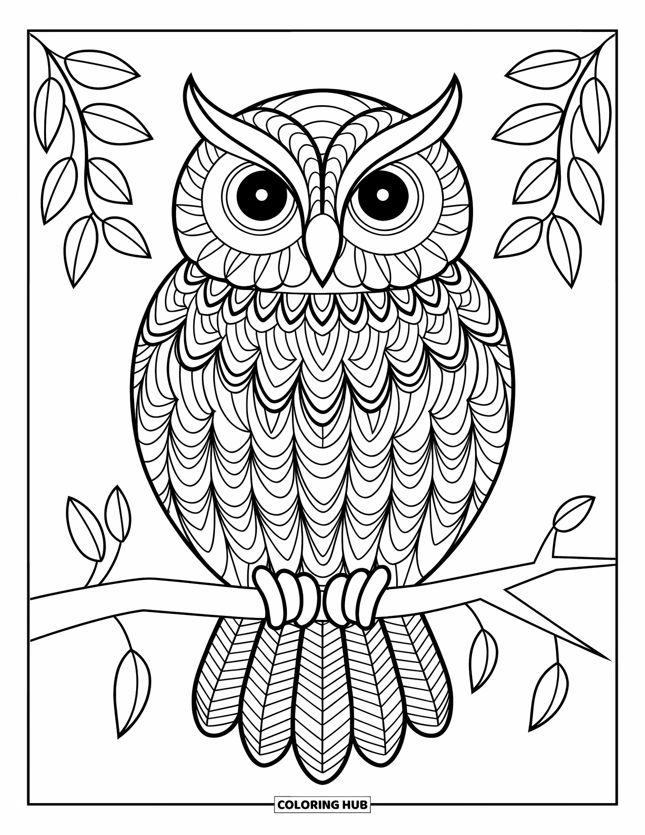Animal Mandala Coloring Page for Kids: Owl on a branch with leaf accents and mandala feather designs