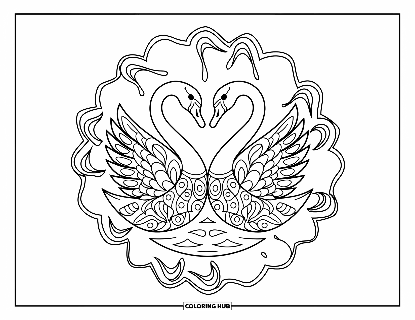 Animal Mandala Coloring Page for Kids: Pair of swans with curved necks and water-inspired mandala wings