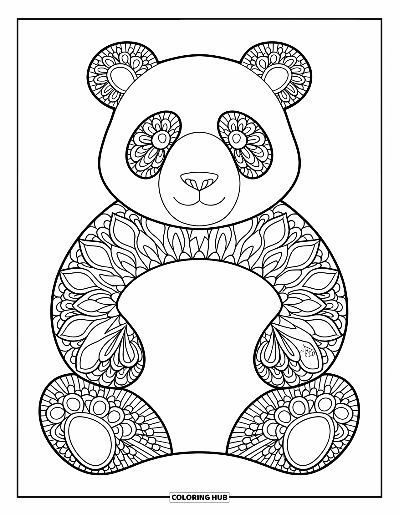Animal Mandala Coloring Page for Kids: Panda bear filled with lotus-like mandala petals and clean outlines