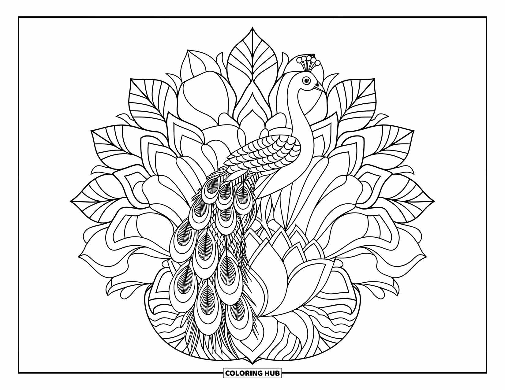 Animal Mandala Coloring Page for Kids: Peacock perched on a lotus with leaves and flower-filled background