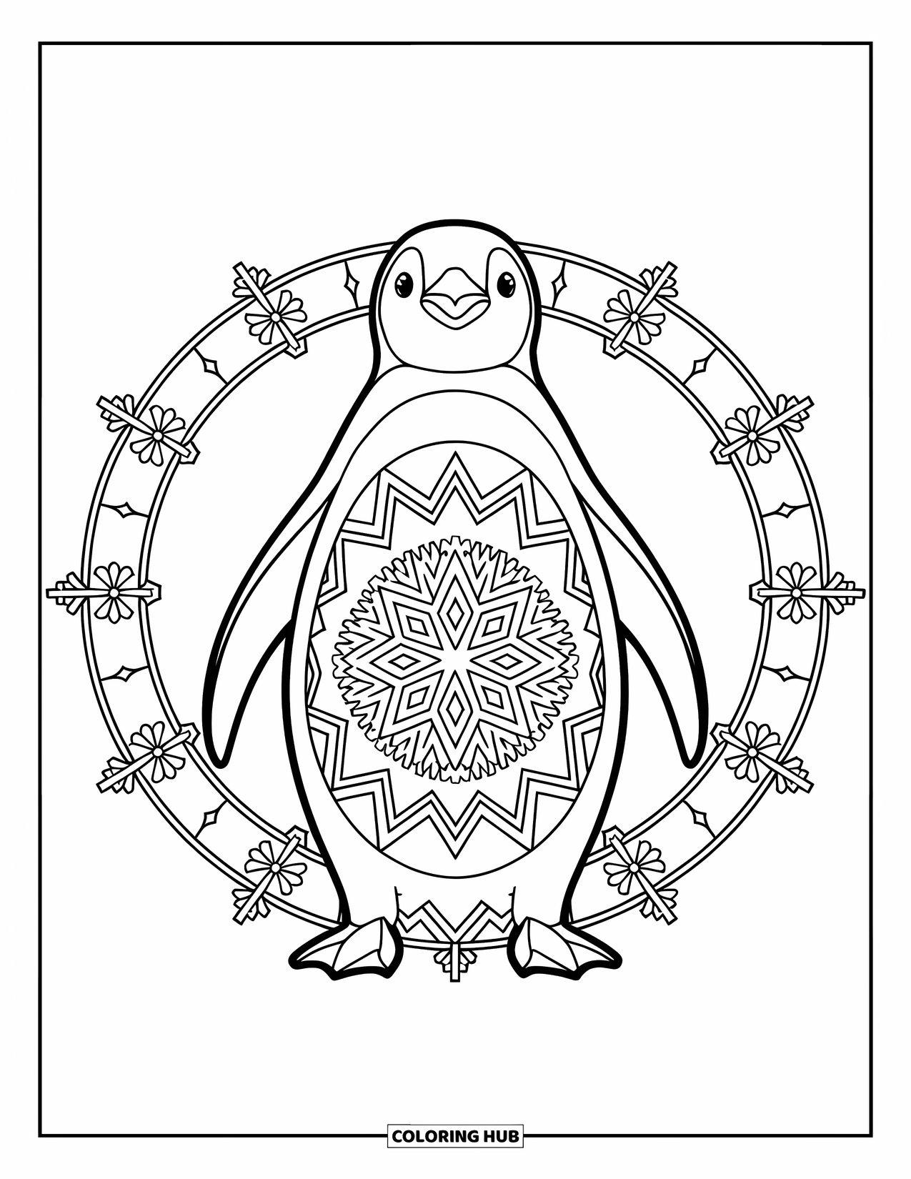 Animal Mandala Coloring Page for Kids: Penguin surrounded by snowflakes and stars with detailed mandala patterns