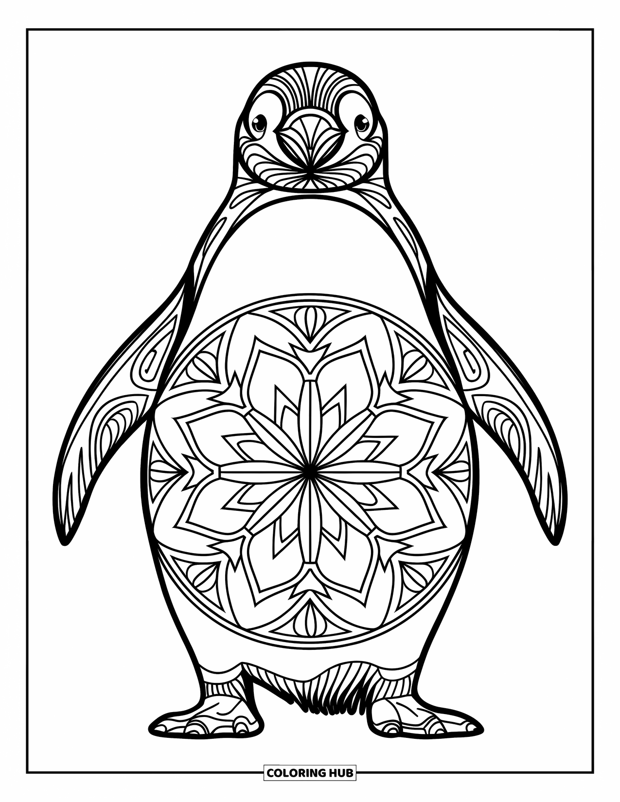 Animal Mandala Coloring Page for Kids: Penguin with snowflake mandalas standing proudly in a modern design