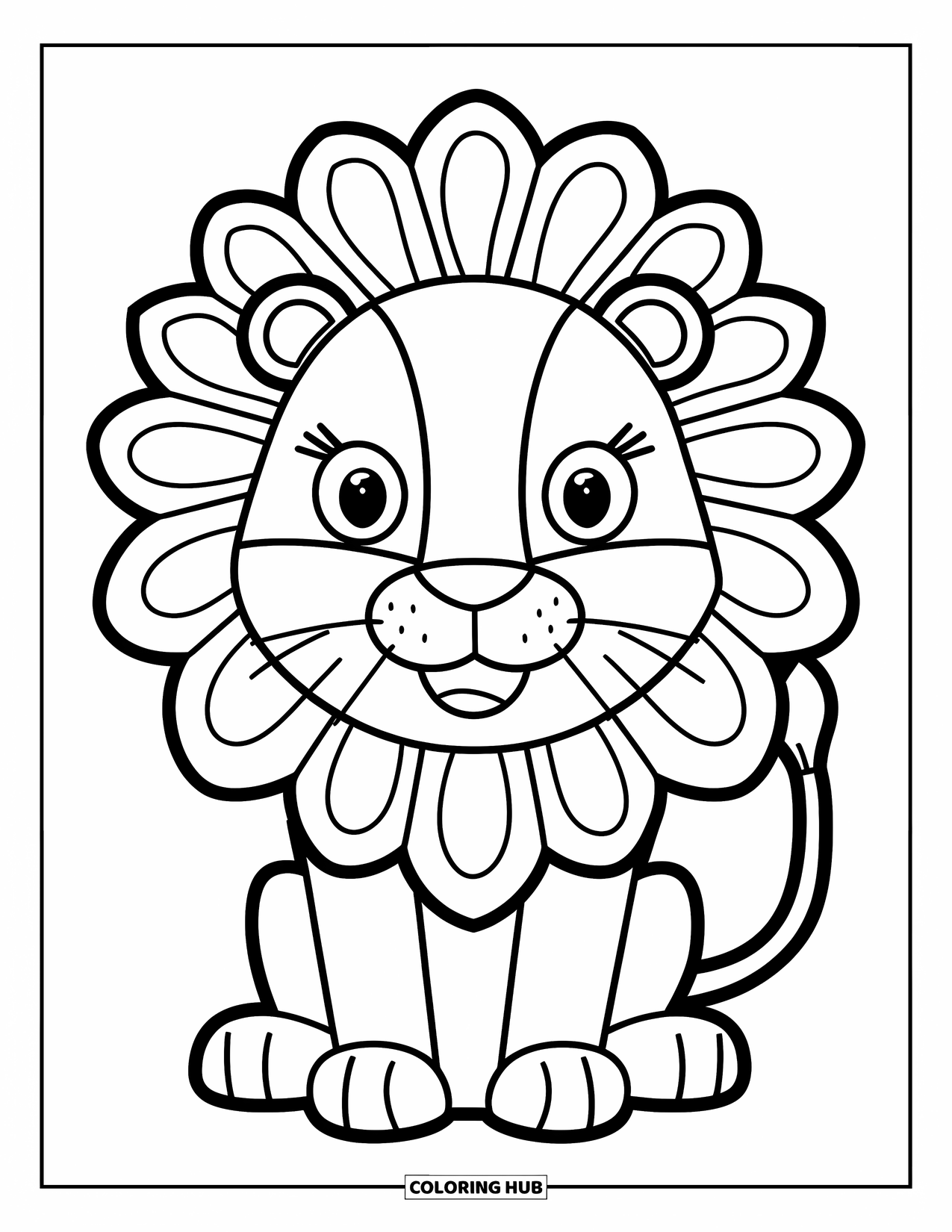 Animal Mandala Coloring Page for Kids: Playful lion with petal mane and a bright, clean background