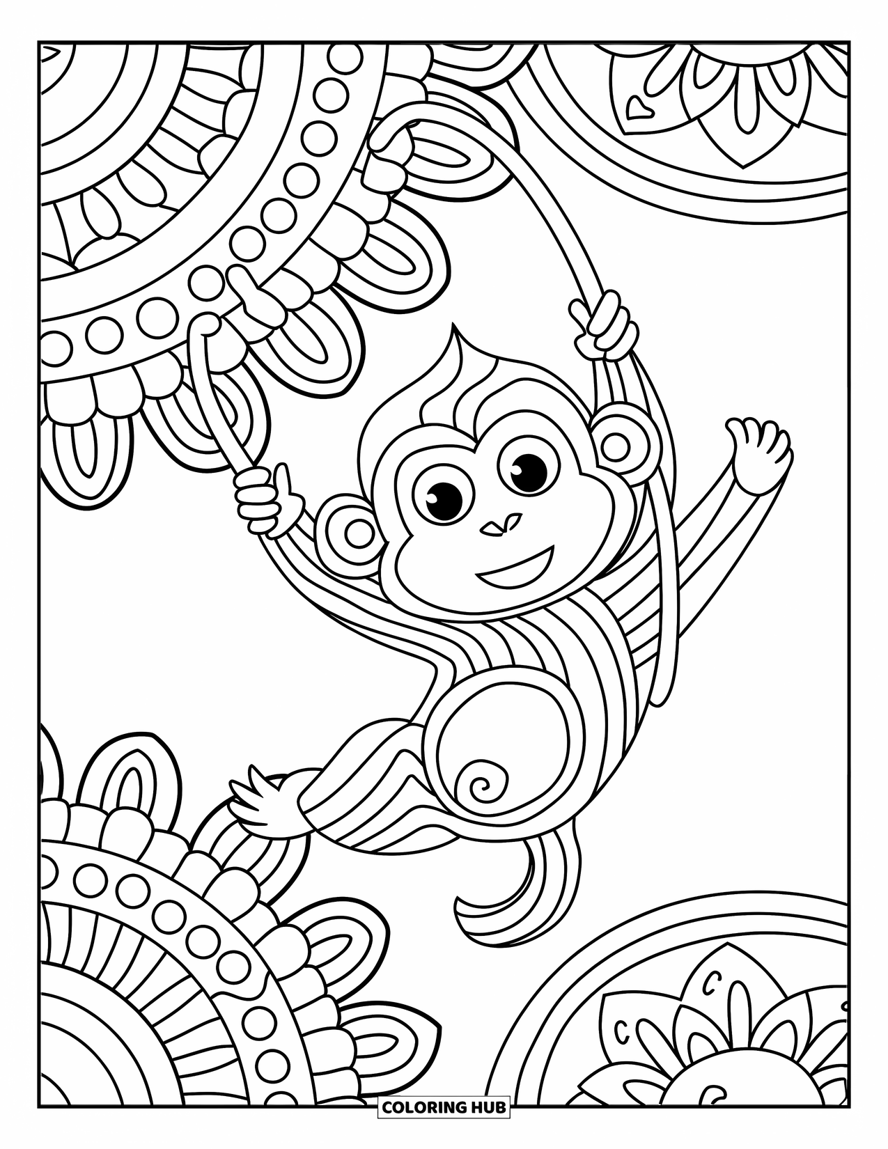 Animal Mandala Coloring Page for Kids: Playful monkey flying through the air with stripes and swirl designs